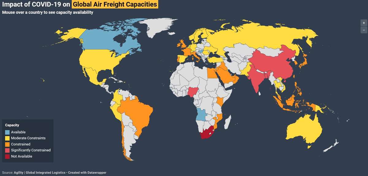 Impact of COVID-19 on Global Air Freight Capacities, source: Agility