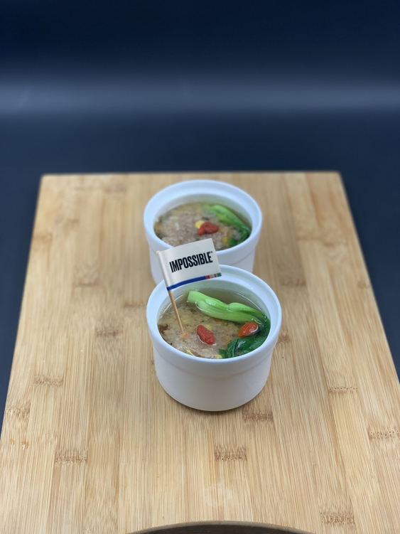 Photo: One of the undoubted culinary highlights of Shanghai’s 2019 China International Import Expo: Chef Jereme Leung’s Impossible Lion’s Head Dumpling in Broth and Impossible Siew Mai.