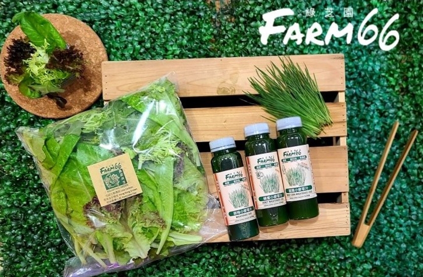Photo: Ready-to-eat packaged vegetables and wheatgrass juice produced by Farm66. 