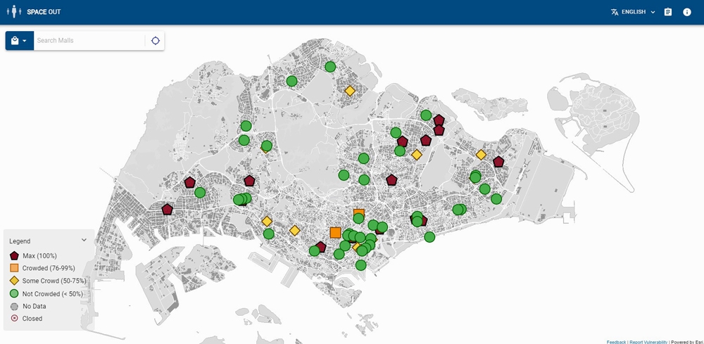 Map: SpaceOut showing real-time crowd levels in Singapore malls.