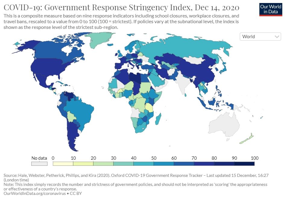 圖片: Covid-19: Government Response Stringency Index, Dec 14, 2020. Source: Hale, Webster, Petherick, Philips, and Kira (2020), Oxford COVID-19 Government Response Tracker.