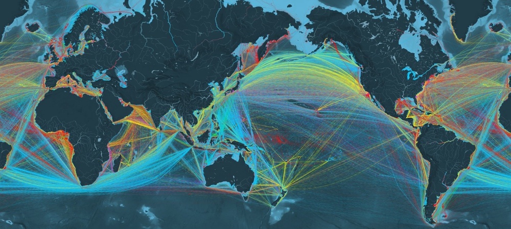 图片: 全球海上运输、航线、港口和潜在瓶颈。(黄色 = 货柜船；蓝色 = 干散货船；红色 = 油轮；绿色 = 散装天然气船；粉红色 = 运车船) 资料来源：Kiln & UCL
