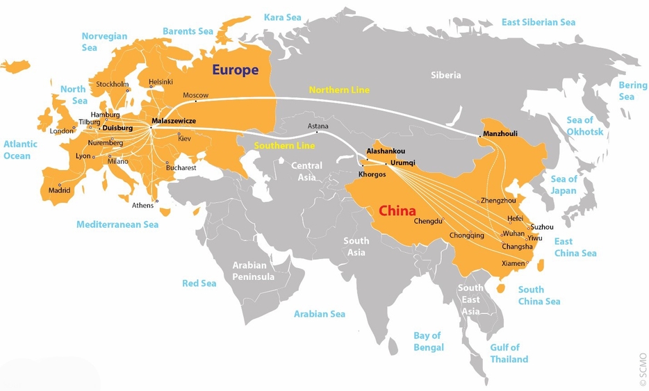 圖片: 新絲綢之路及鐵路。資料來源：SCMO research